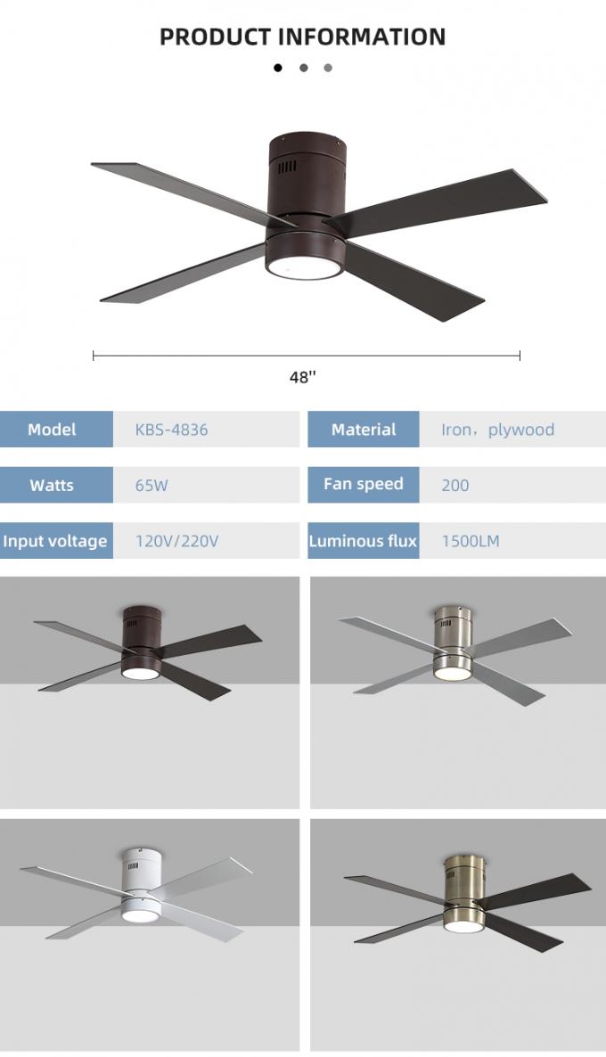새로운 설계 철 합판 4 칼날 65W 48Inch 장식적 실내 리모콘은 천정 선풍기 빛을 이끌었습니다